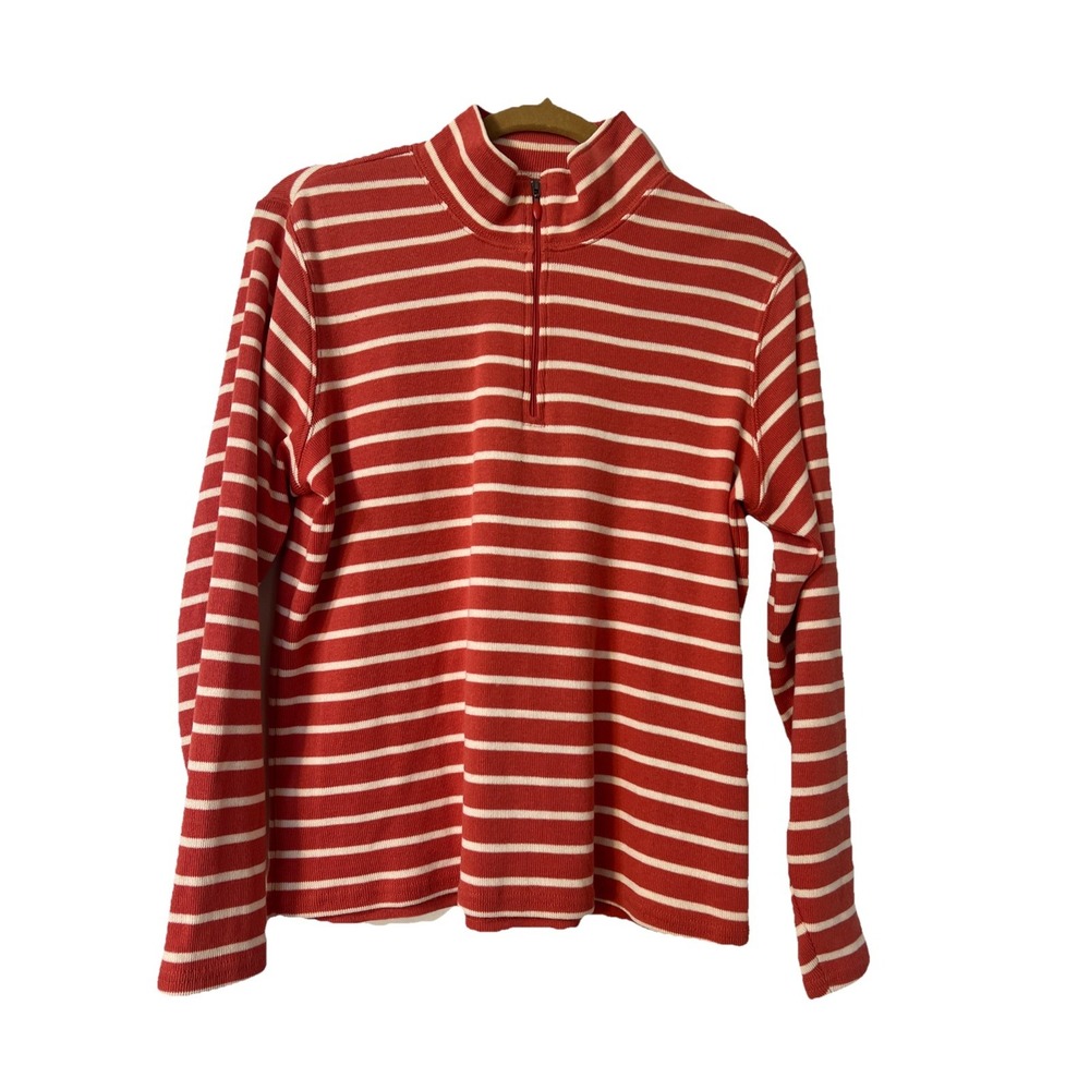 LL BEAN LP Coral Striped 100% Cotton 1/4 Zip Mock Neck Long Sleeve Knit Top